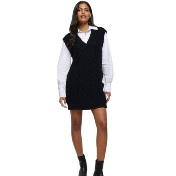 River Island Cable Knit Hybrid Sweater Shirt Dress NWT Size Small - Picture 1 of 9